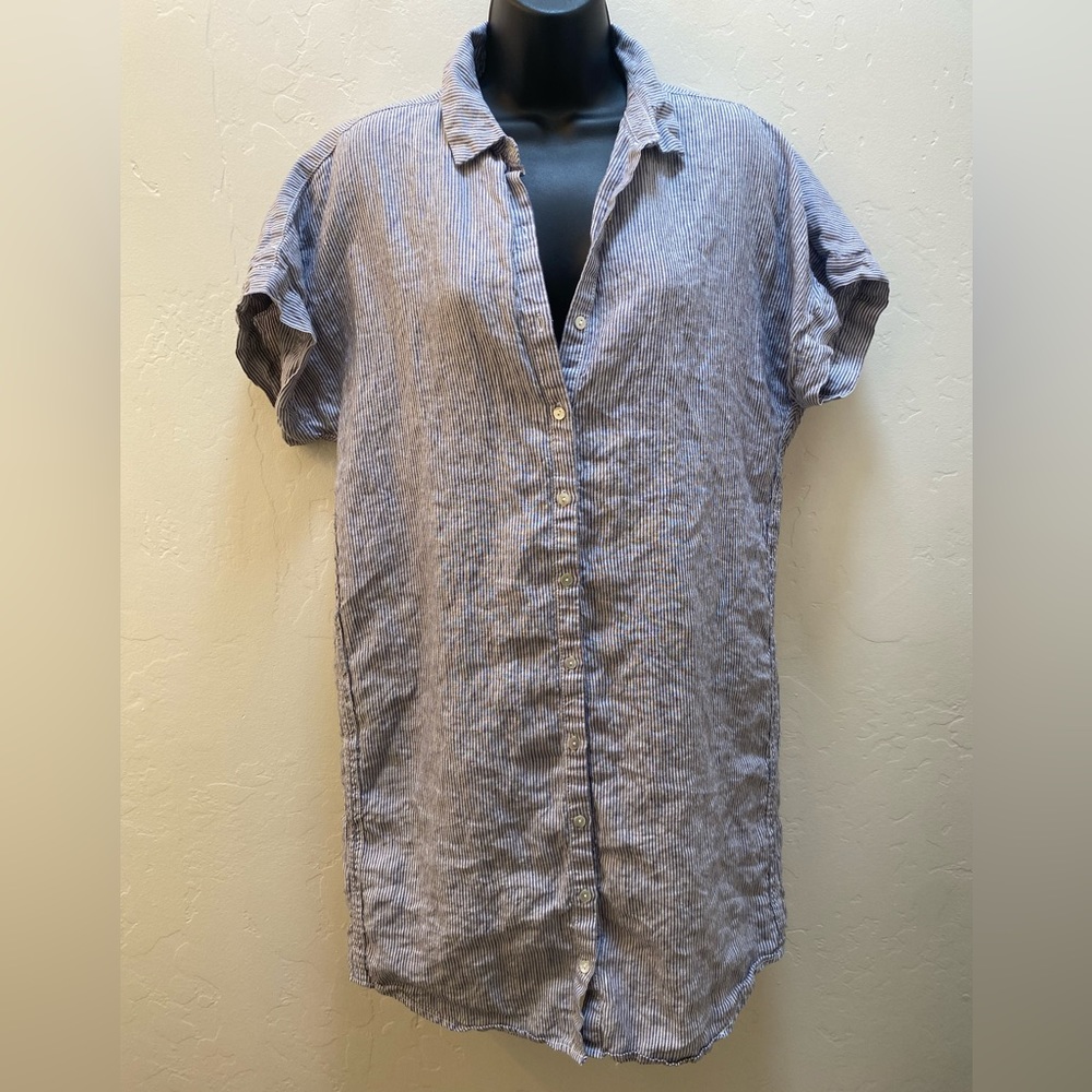 TAHARI 100% Linen Dress Blue & White Striped Size M